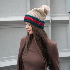 Tan Beanie Hat Green Red Striped Rhinestones Accents Slouchy Pom Pom